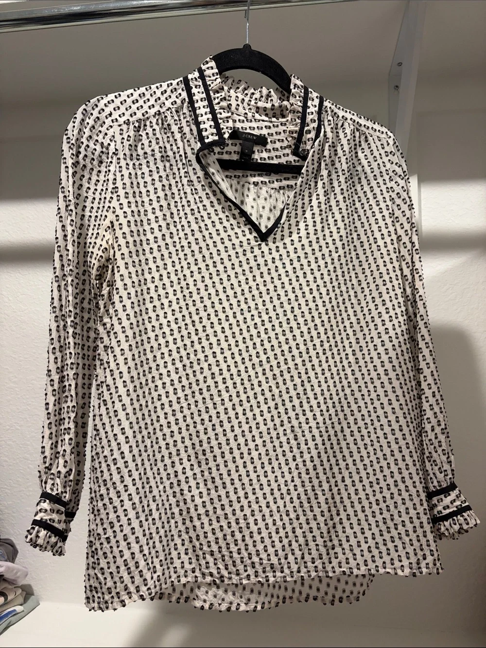 J. Crew Cream Blouse with Black Dot Print and Trim